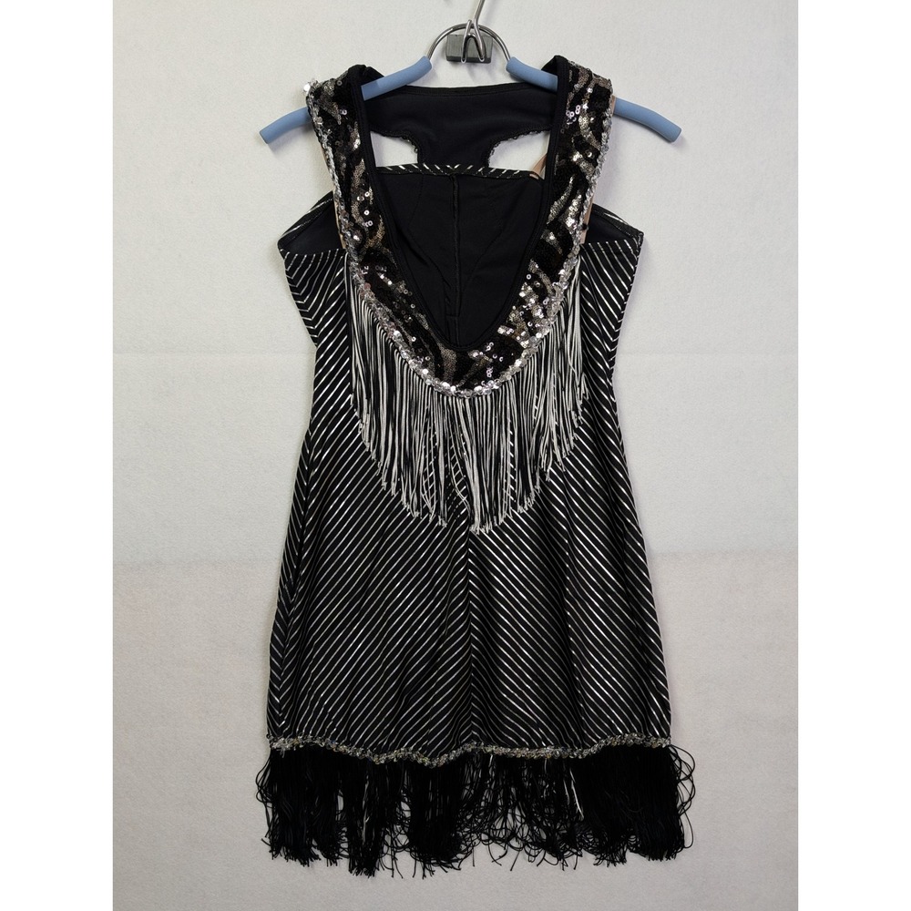 Curtain Call Dance Costume Dress Adult M Sequin Fringe Metallic‎ Black Silver
